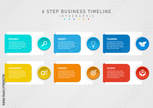 Infographic 6 steps business planning for success template multi colored squares The center text is on a white square. On the right side there is a multi-colored circle with a white icon in the middle