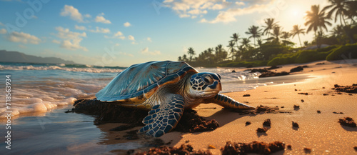 Sea turtle lying on the beach at sunset. photo
