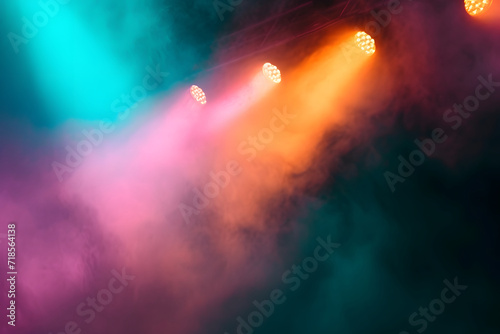Stage lights on a dark background with smoke. Stage lighting effect.