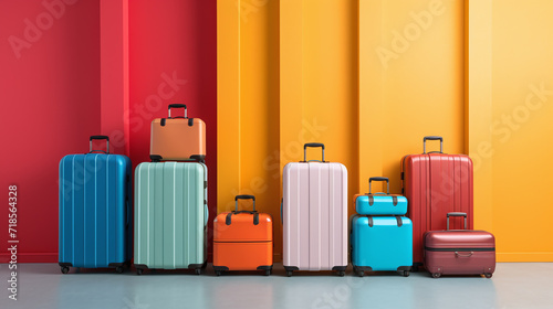 A variety color and size luggage over a color wall. photo