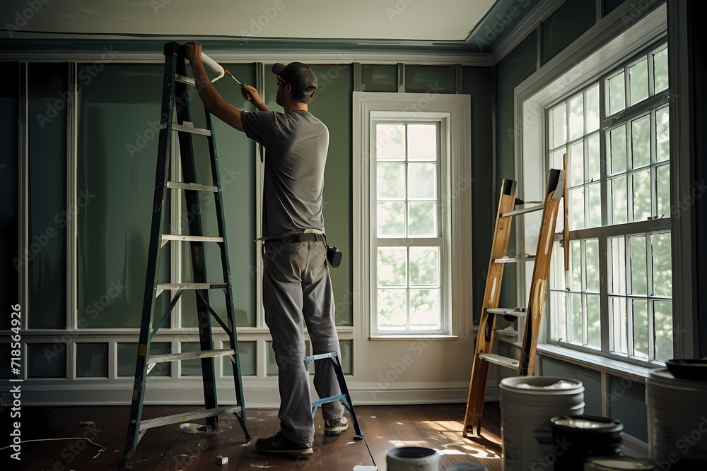 A house painter working on a ladder, transforming a room with a fresh coat of paint.
