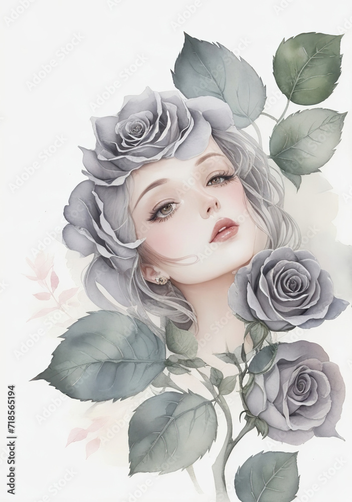 Girl inside a Rose watercolor artwork