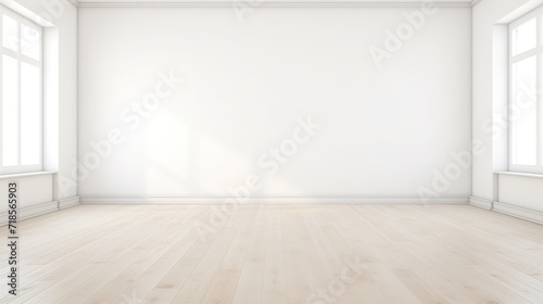 Rendering of a white wall view, illustration of an antique wooden floor interior, White empty room interior. The inside of the background. Nordic house interior.empty wall for writing © @_ greta