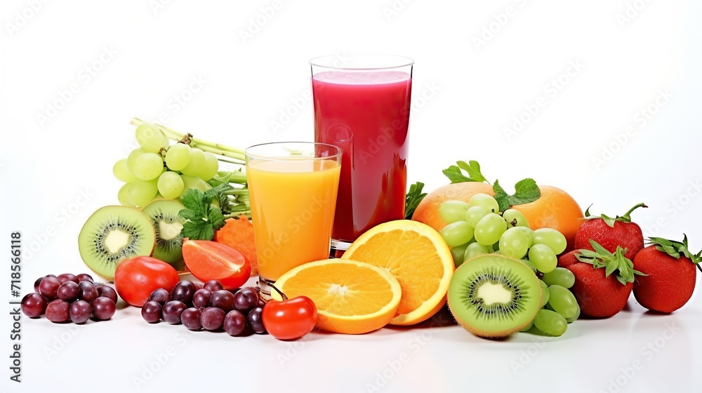 Glass of colorful healthy fresh drink from fruit and vegetables.arrangement of colorful fresh fruit around the glass. white background Glass of colorful healthy fresh drink from fruit and vegetables.arrangement of colorful fresh fruit around the glass. white background
