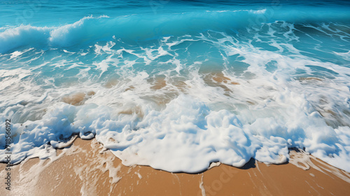 A clear blue wave crests onto a sandy beach  capturing the dynamic interaction between sea and shore. 