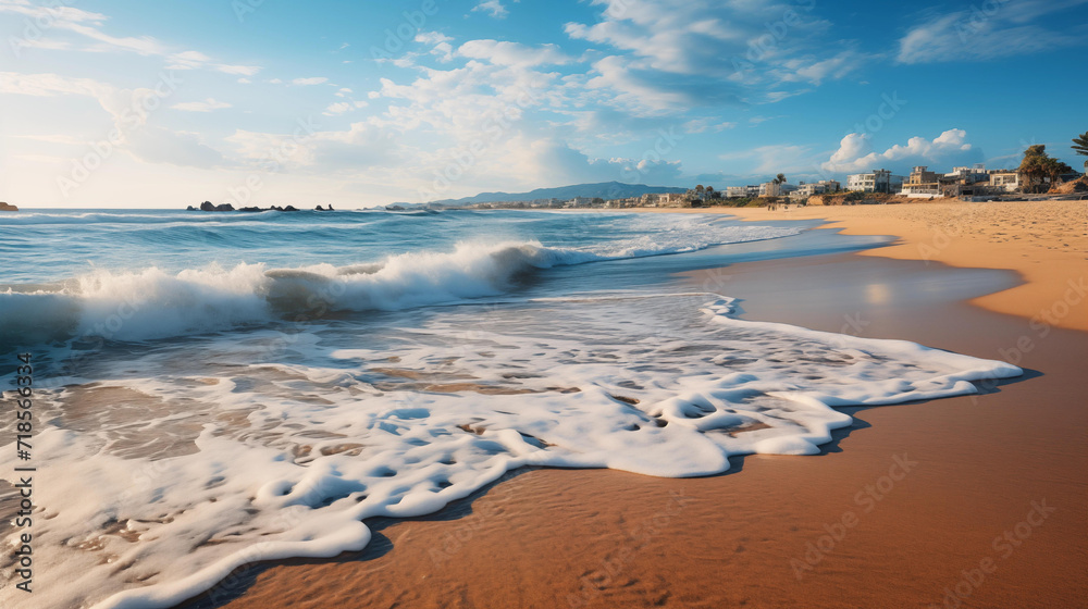 Gentle waves with white foam lap onto a sandy beach, with a coastal town in the background under a clear sky.
