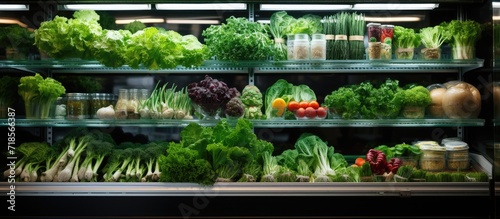 View of various fresh foods in a large refrigerator. modern supermarket background photo