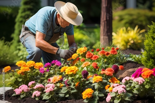 A gardener tending to a vibrant flowerbed, carefully pruning and watering plants, creating a colorful oasis of beauty and tranquility. © LOVE ALLAH LOVE