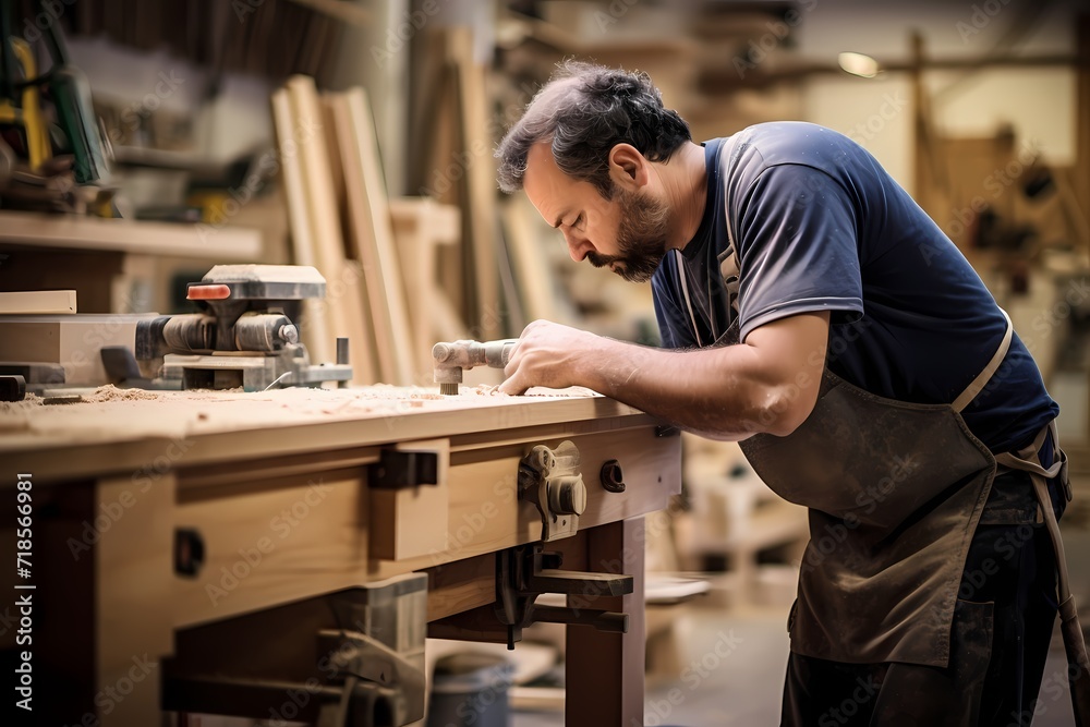 A carpenter skillfully crafting furniture in a well-equipped workshop.