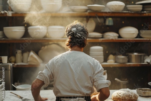 facing away from the camera towards shelves filled with fresh loaves of bread and industrial ovens