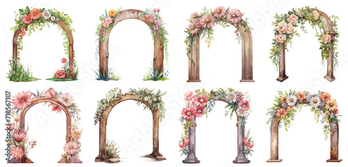 Set of watercolor vintage floral wooden arch Sticker, Clipart, PNG, generated ai