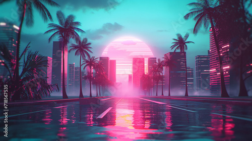 Neon Synthwave Sunset in Tropical Paradise at Dusk.