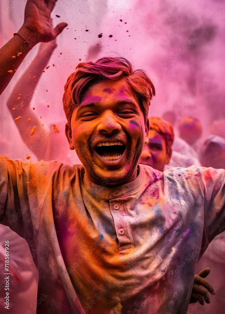 A Potrait Happy Young Boy in a Joy and Vibrancy of Holi Festival Celebration