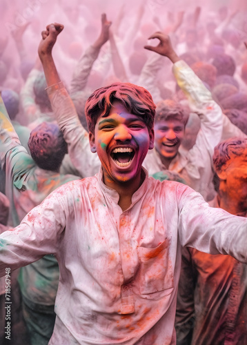 A Potrait Happy Young Boy in a Joy and Vibrancy of Holi Festival Celebration
