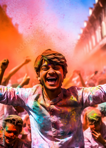 A Potrait Happy Young Boy in a Joy and Vibrancy of Holi Festival Celebration © 5 Grace Media