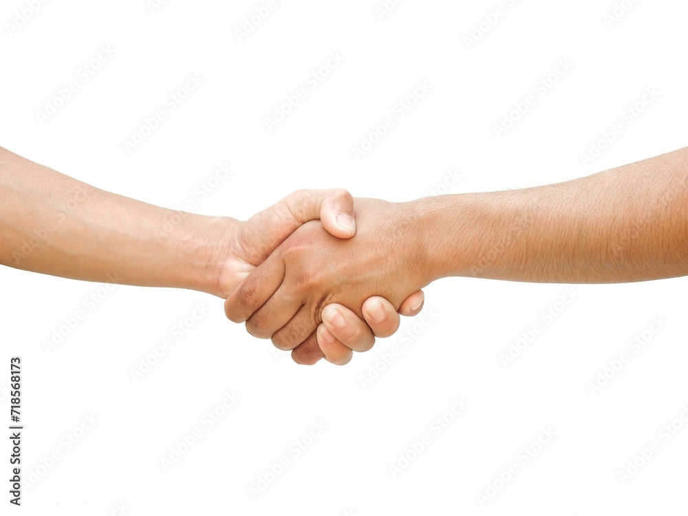 The hands of two men are shaking hands to agree on something. Or cooperation concept about cooperation in investment or work and business isolated on white background.	