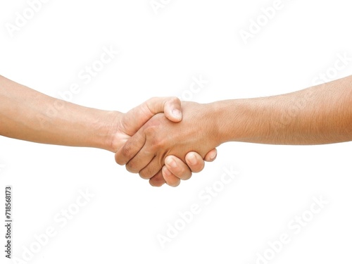 The hands of two men are shaking hands to agree on something. Or cooperation concept about cooperation in investment or work and business isolated on white background. 