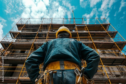 construction worker from behind looking up at a large building that is under construction