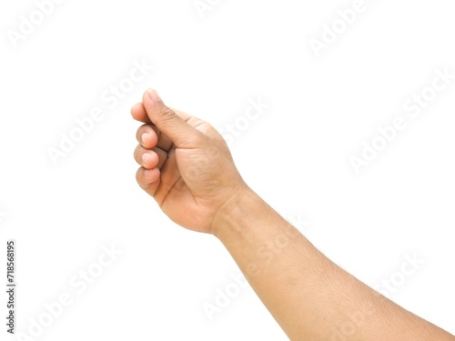 Man's hands are making a gesture of holding a card or business card, some kind of document, ID card or passport. Isolated on a white background.