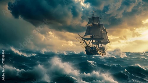 Big war sail ship sailing on a stormy ocean photo