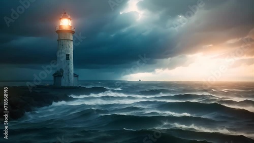 An eerie motion background of an old lighthouse under a stormy sky photo