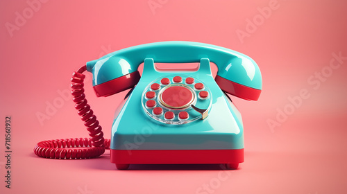 Vintage red and blue telephone isolated on red background.