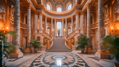 Walking in a magnificent baroque palace hall with renaissance and baroque architectural elements photo