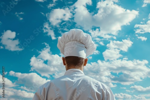 hands on his hips and appears to be looking up at the sky or into the distance