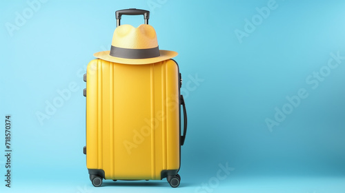 Yellow luggage with hat isolated on blue background with copy space.
