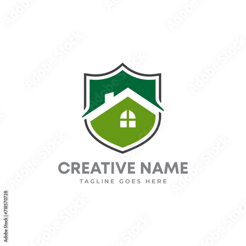 Creative shield logo design with home icon vector illustration