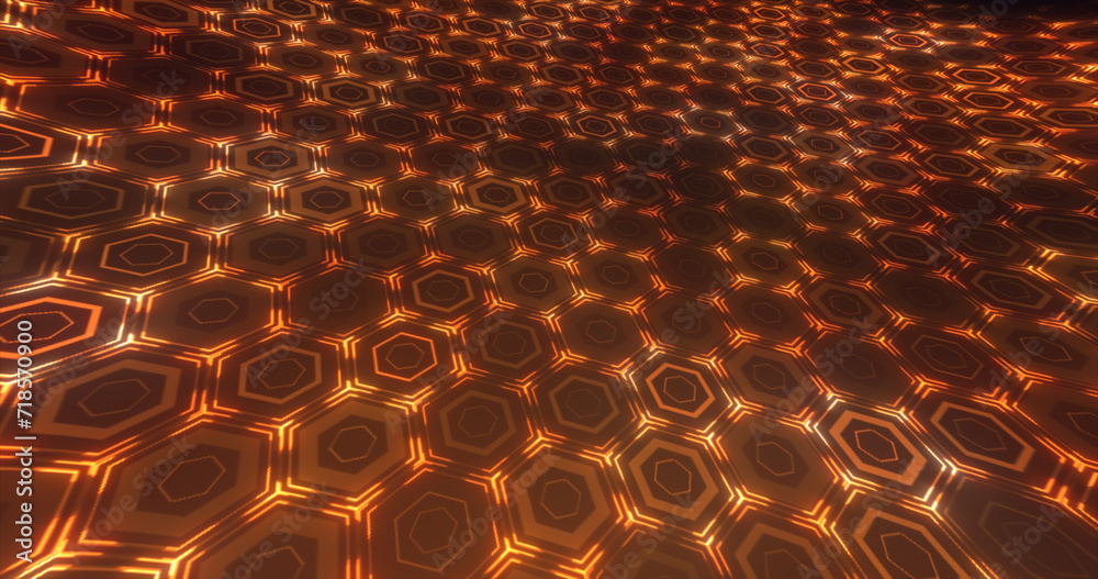 Obraz premium Abstract yellow orange background pattern of hexagons glowing futuristic digital energy magical bright