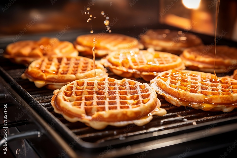 Pouring syrup on belgian waffles in oven, closeup Pouring syrup on belgian waffles in oven, closeup
