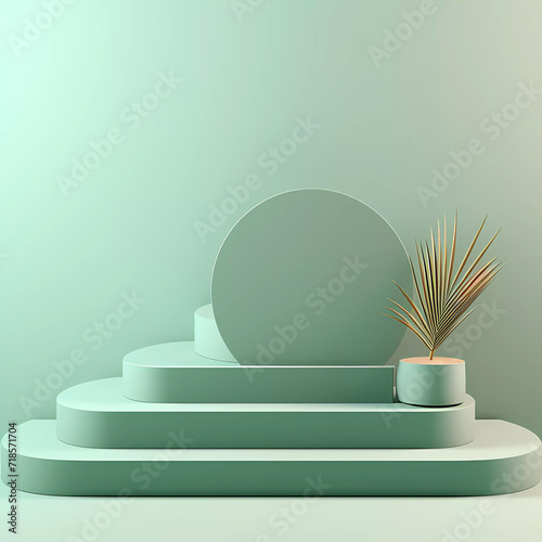 A minimalistic scene of mint green step podium display with abstract background