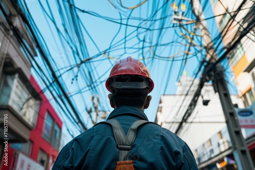 worker wearing a yellow safety helmet and a blue checkered shirt