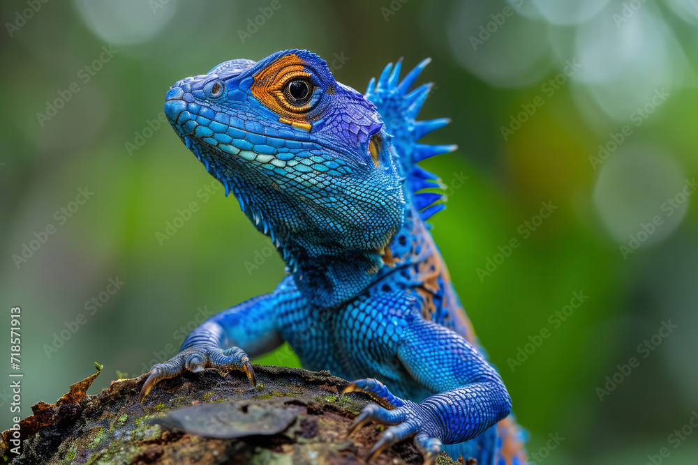 A close up of a blue lizard with spikes on its head. A close up of a blue lizard with spikes on its head.
