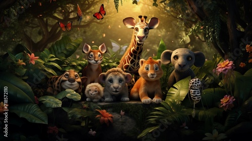 A group of wildlife animals standing in a jungle.  photo