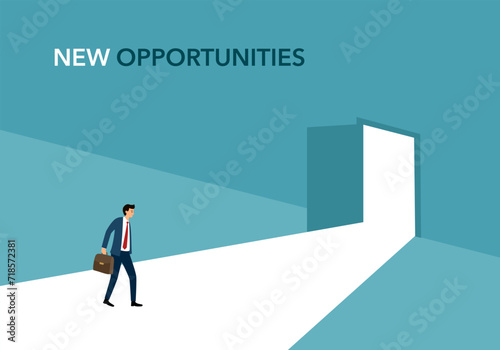 Opportunity concept. The businessman faces great new opportunities. The beginning of a new path. Light from the door. Bright future.