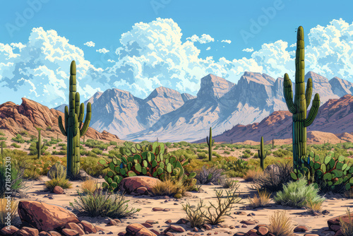 Desert, Saguaro and other cactus plants, Mountains in Background Landscape Illustration in blue tone colors photo