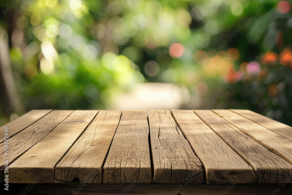 A wooden table with no objects on it and a blurred outdoor garden background. The wooden table provides space for text and can be used for marketing promotions
A wooden table with no objects on it and a blurred outdoor garden background. The wooden table provides space for text and can be used for marketing promotions