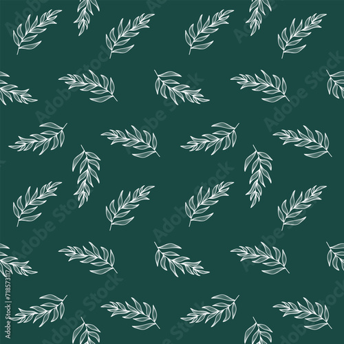 Vector floral seamless pattern with leaves line art. Green background with white leaves pattern. Ideal for textile design, wallpaper, wrapping, covers, cards, invitations and posters