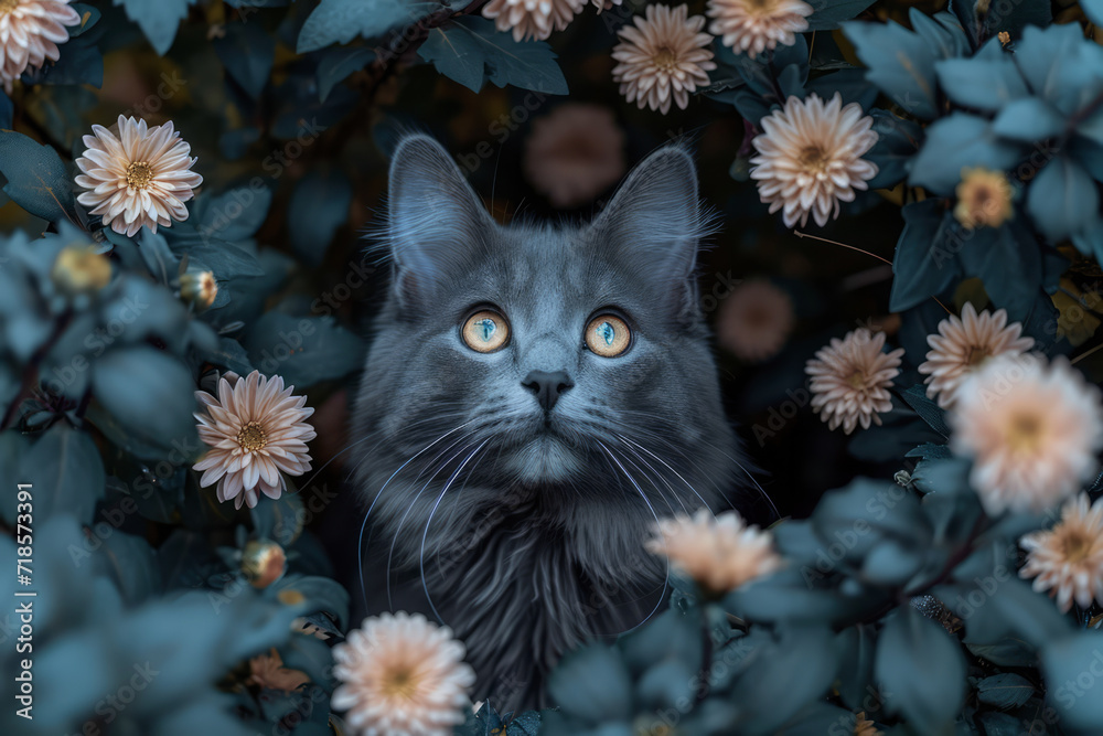 a creative photo of a curious cat surrounded by flowers and plants.