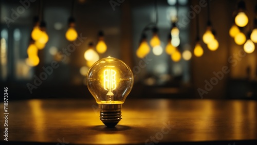 New idea. A glowing light bulb, idea bulb, bulb on a desk