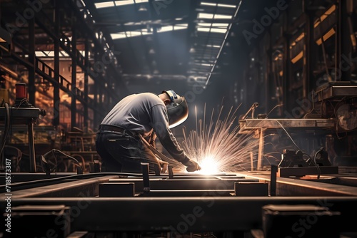 A welder working on a metal structure in a spacious workshop.