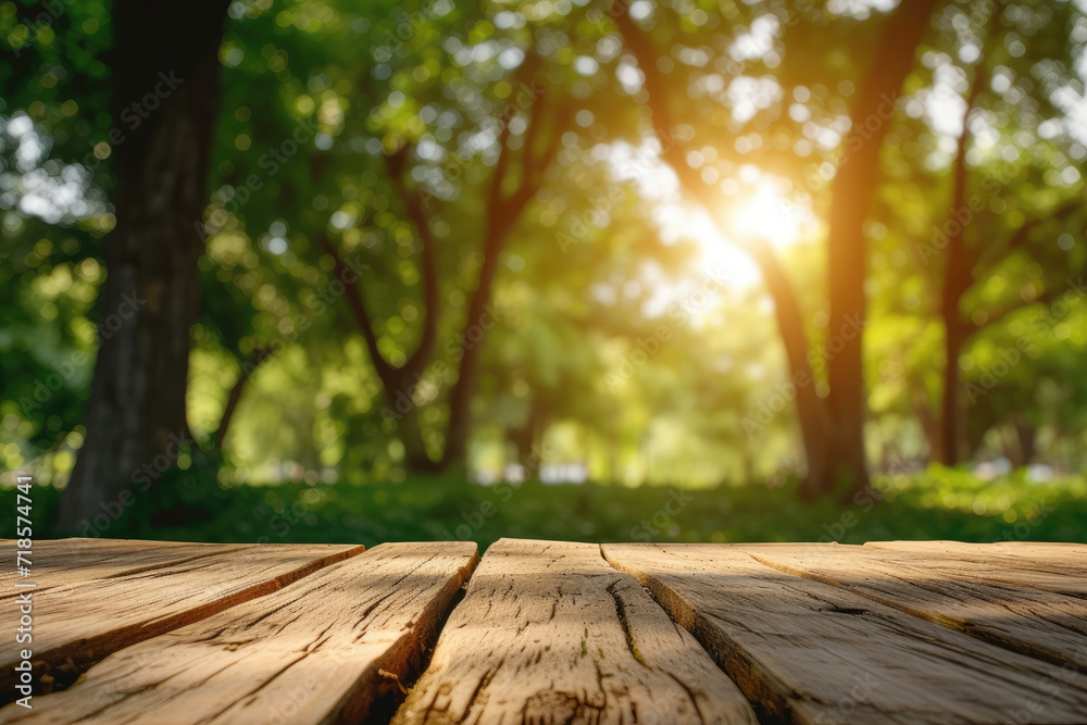 Blurred background wooden table in park with natural forest trees Blurred background wooden table in park with natural forest trees