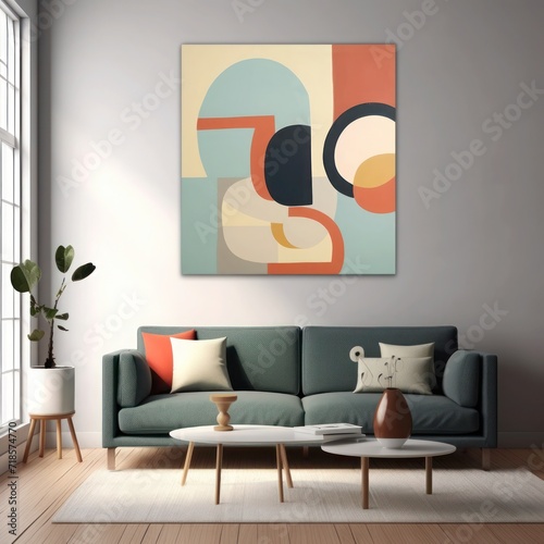 a stock photo of an abstract painting in a frame being displayed in a living room