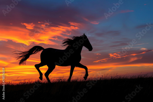 The dynamic movement of a horse galloping freely in the splendor of a vibrant sunset