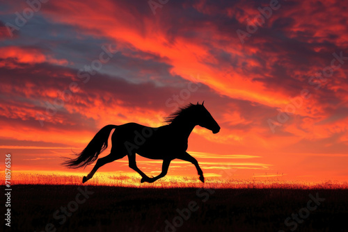 The dynamic movement of a horse galloping freely in the splendor of a vibrant sunset