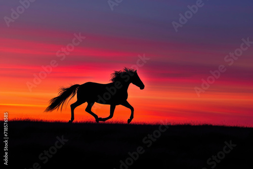 The dynamic movement of a horse galloping freely in the splendor of a vibrant sunset © Venka