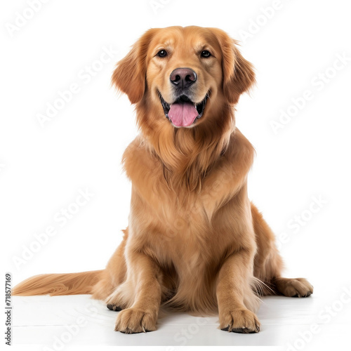 Golden retriever dog sitting in front of white wall AI Generated © stocksbyrs