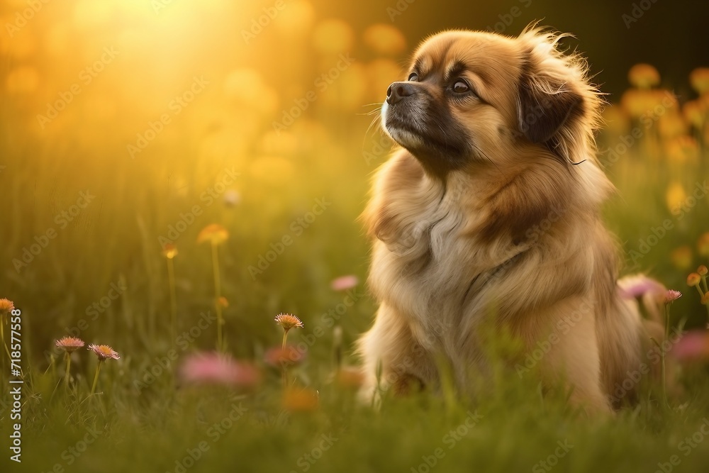 Tibetan spaniel dog sitting in meadow field surrounded by vibrant wildflowers and grass on sunny day ai generated